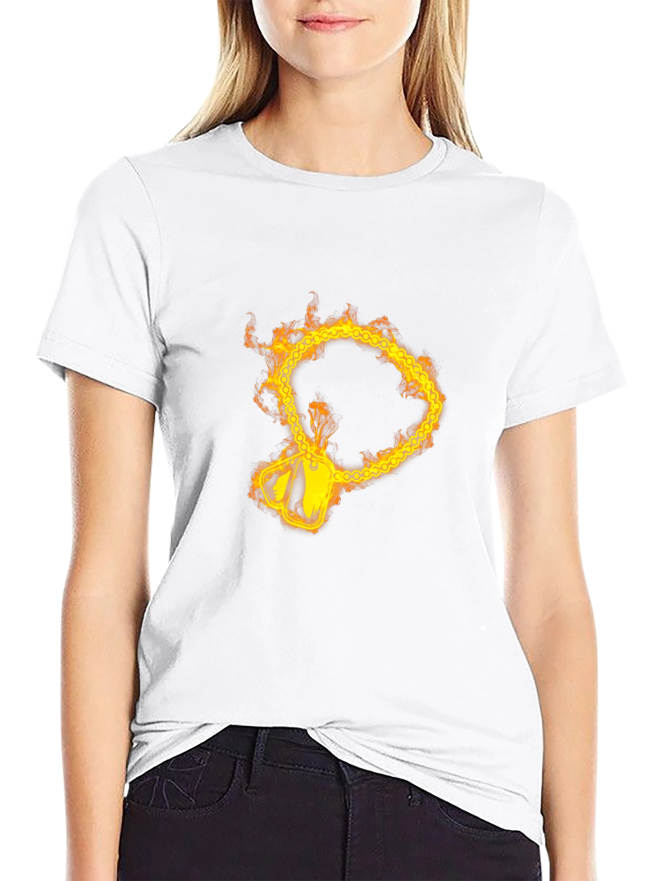 Flaming Chain Dog Tag Graphic Black T-Shirt
