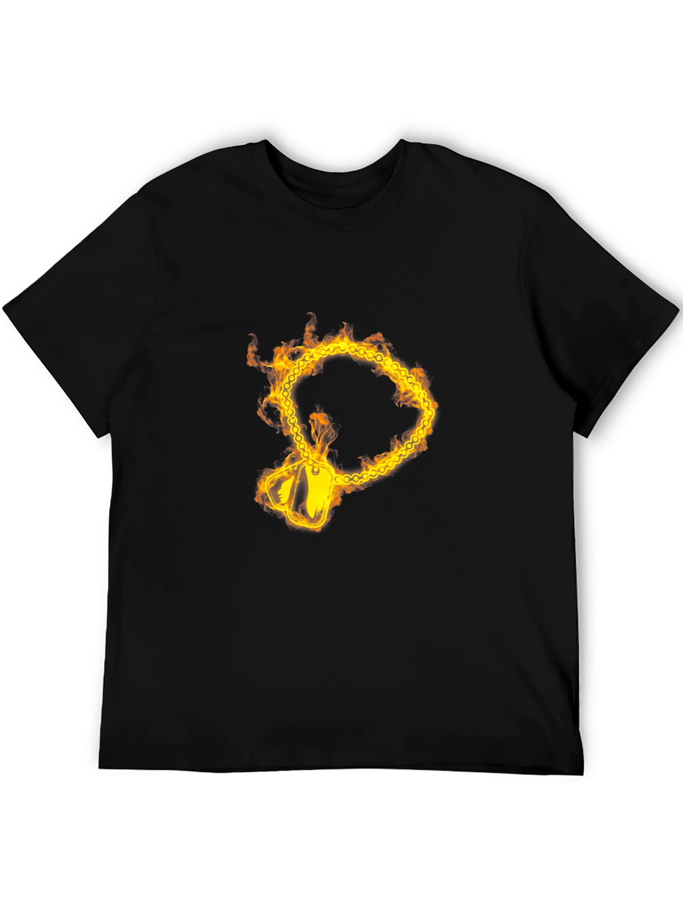 Flaming Chain Dog Tag Graphic Black T-Shirt