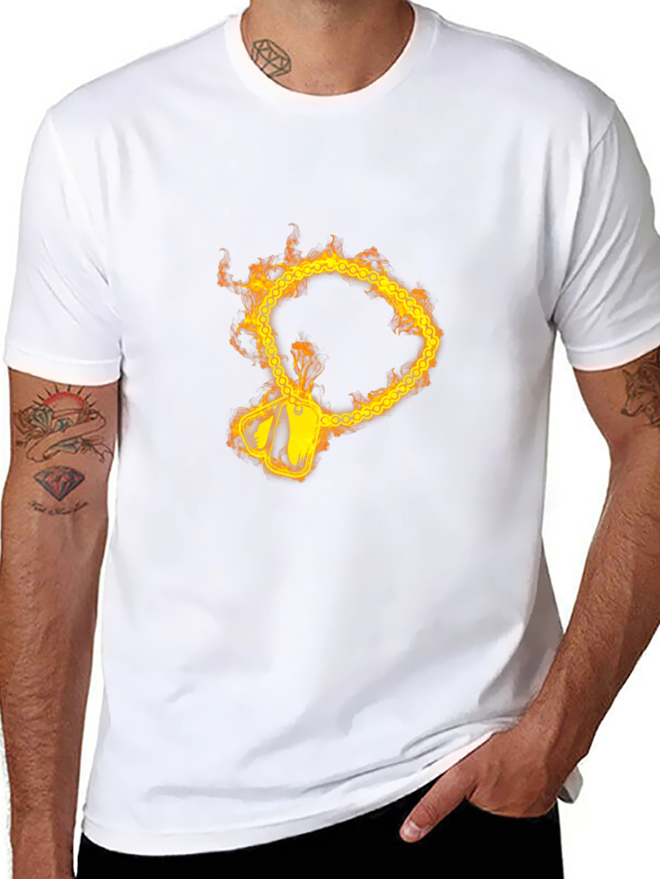 Flaming Chain Dog Tag Graphic Black T-Shirt
