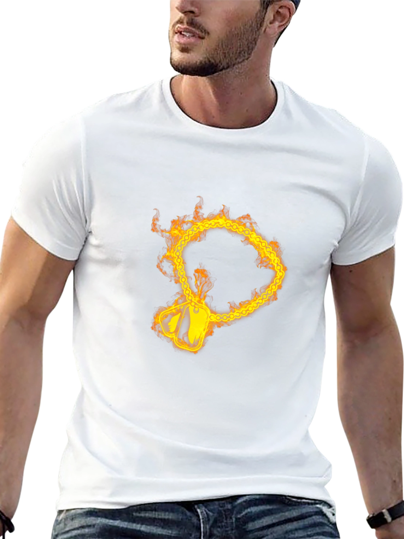 Flaming Chain Dog Tag Graphic Black T-Shirt