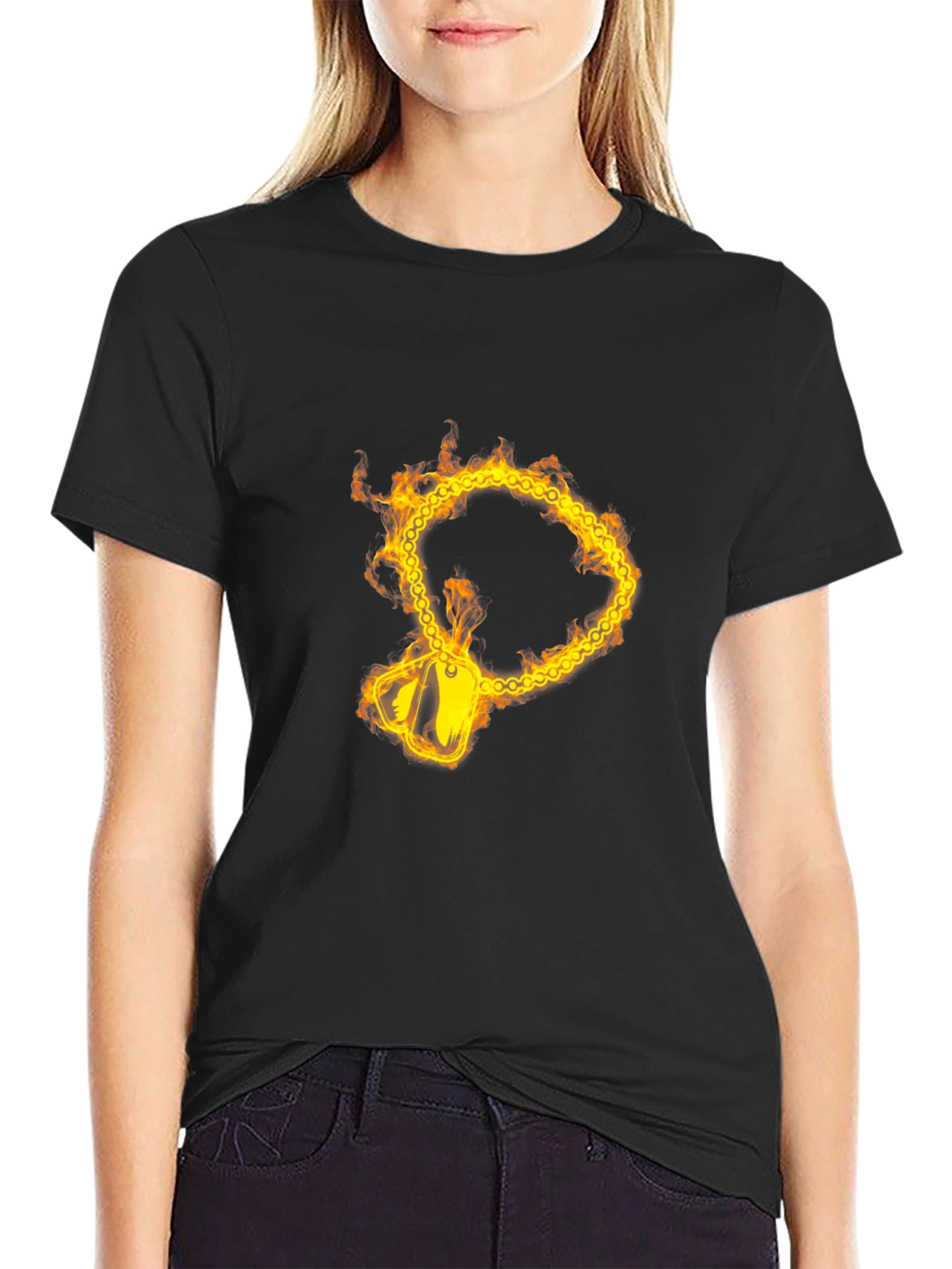 Flaming Chain Dog Tag Graphic Black T-Shirt