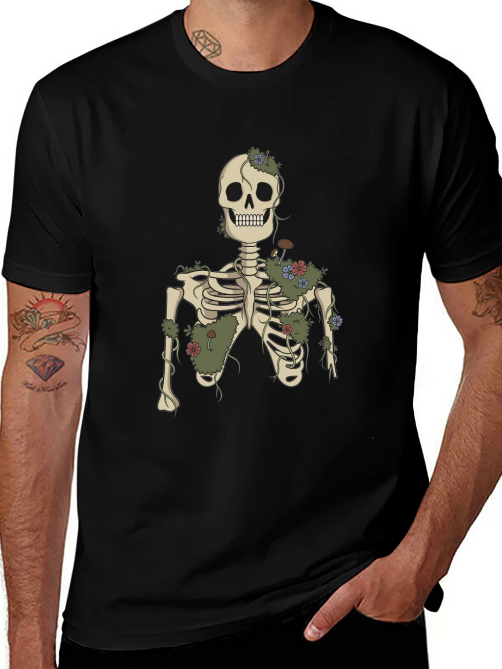Floral Skeleton Graphic Tee - Black Cotton