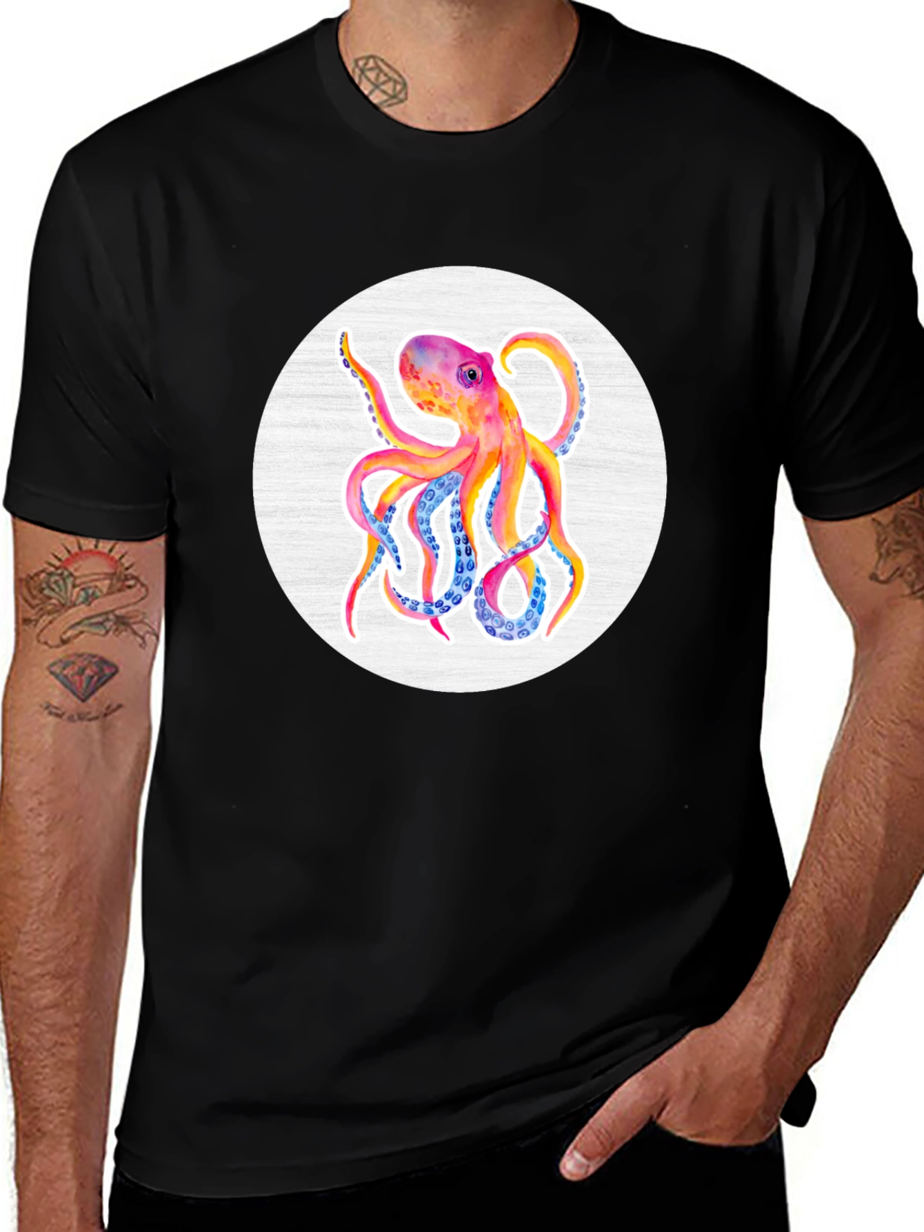 Watercolor Octopus Graphic Tee - Mens Black T-Shirt