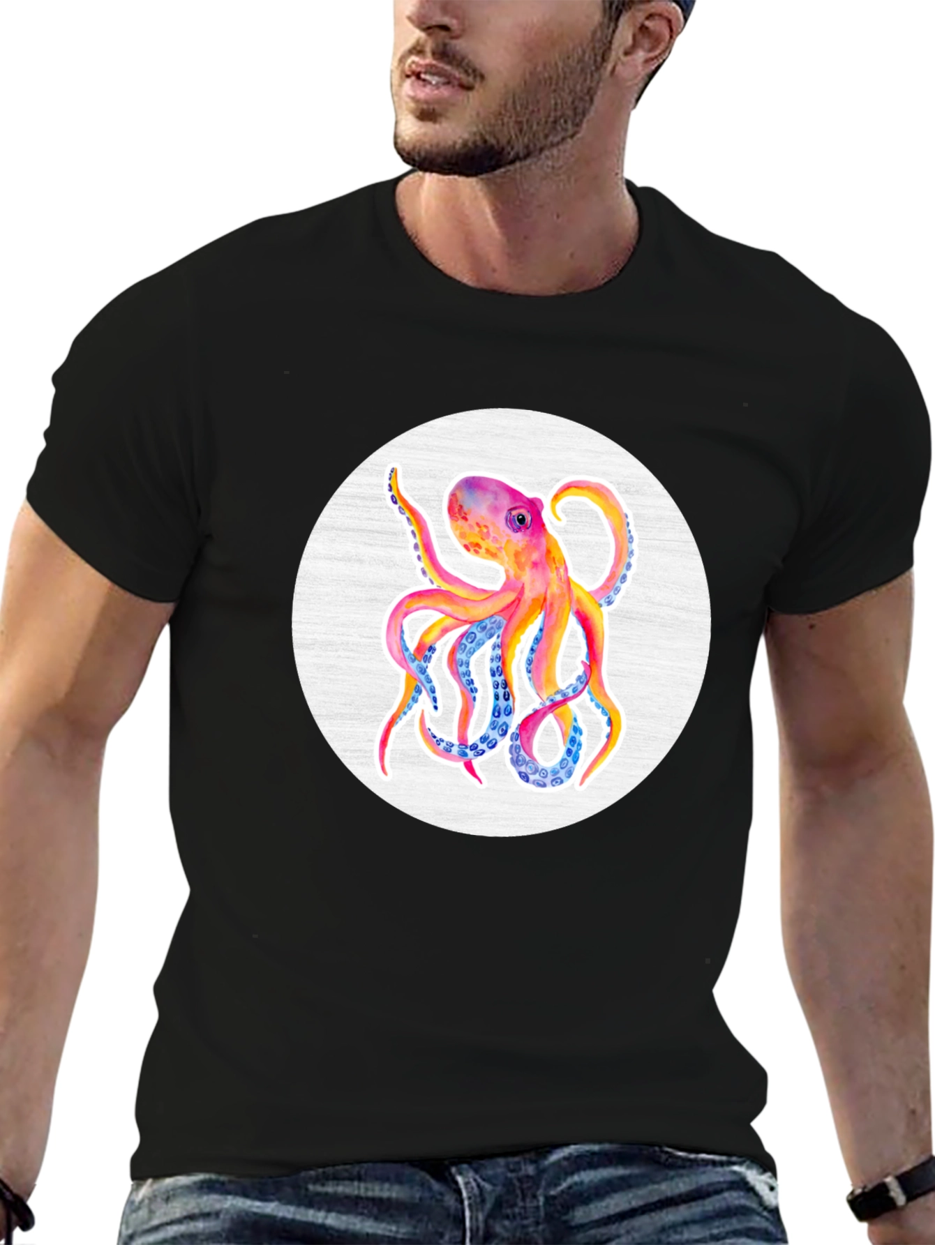 Watercolor Octopus Graphic Tee - Mens Black T-Shirt