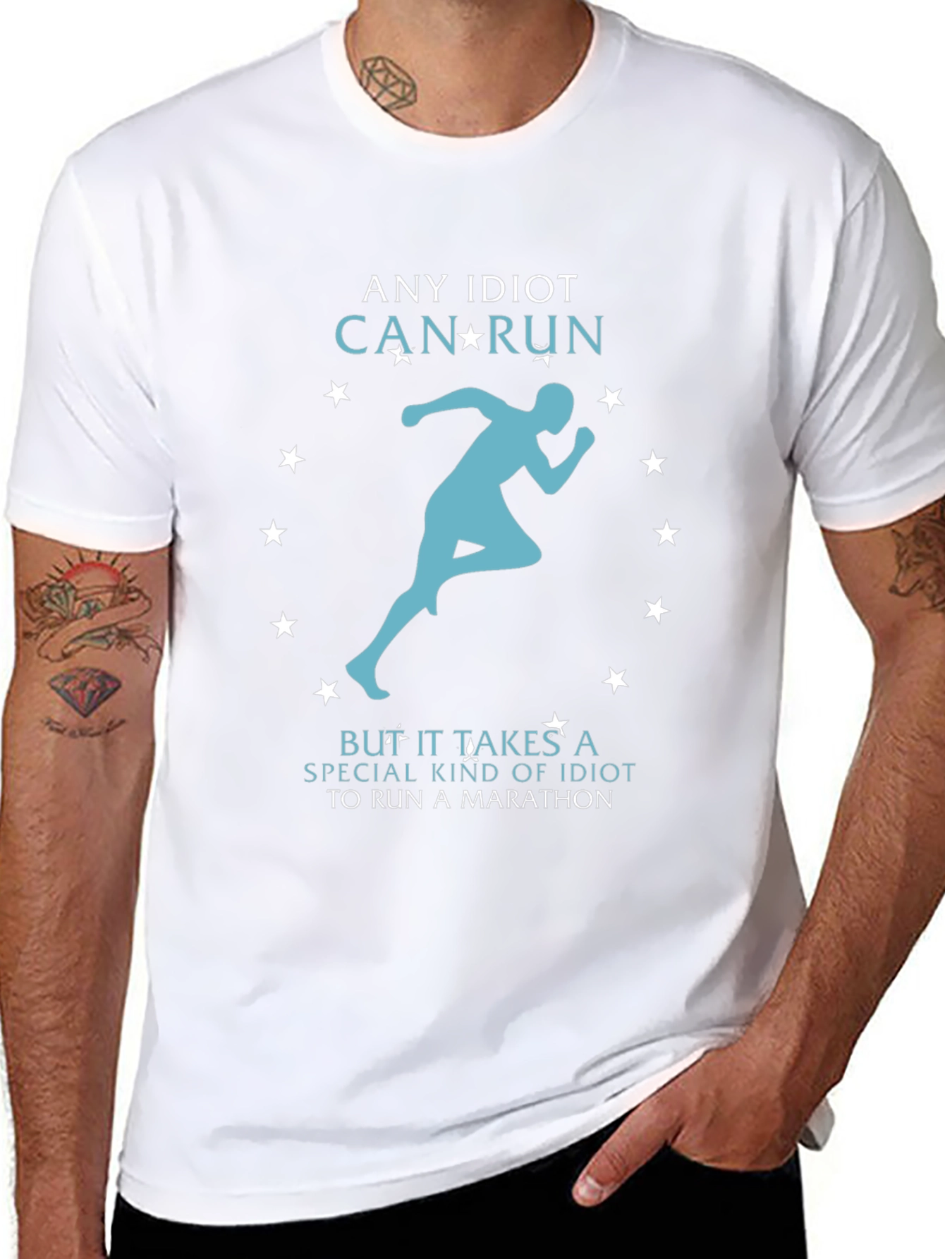 Funny Running T-Shirt - Any Idiot Can Run Marathon Tee