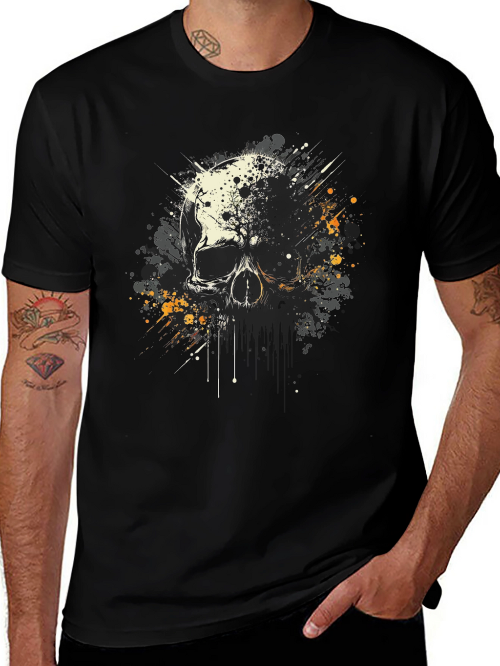 Skull Splatter Graphic Print Black T-Shirt