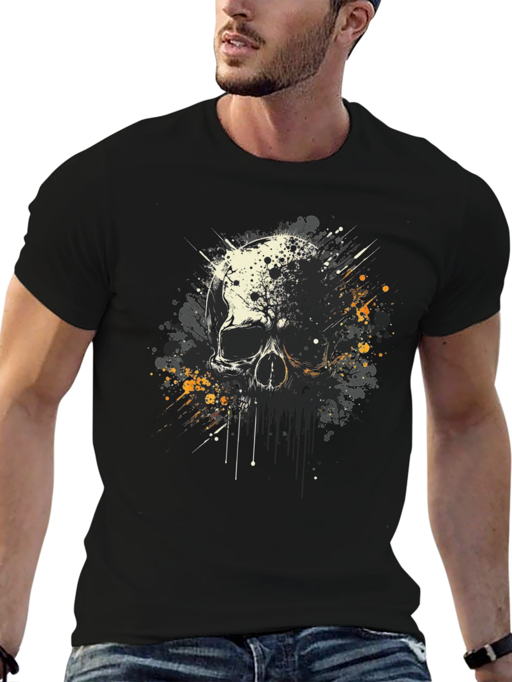 Skull Splatter Graphic Print Black T-Shirt