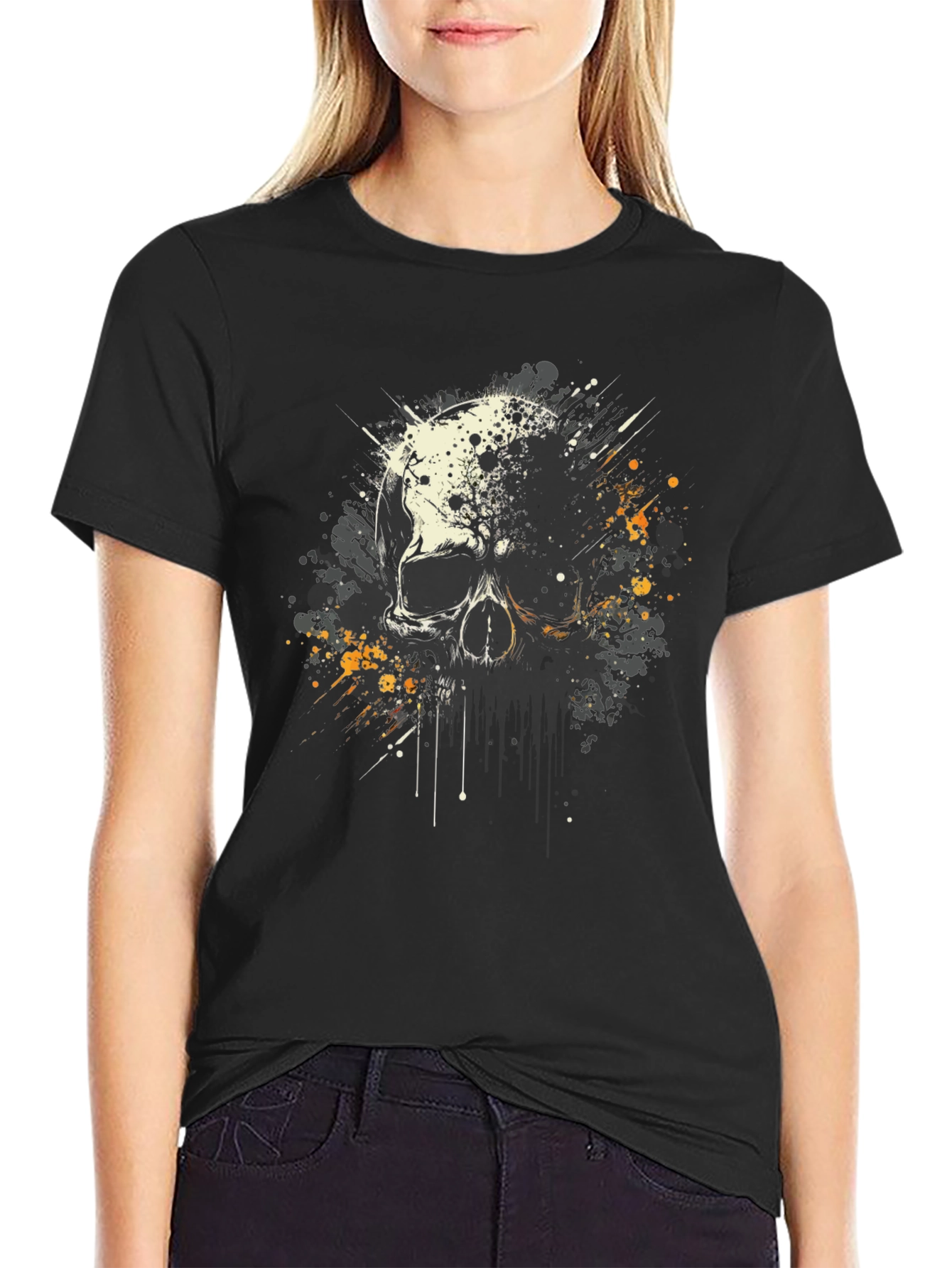 Skull Splatter Graphic Print Black T-Shirt