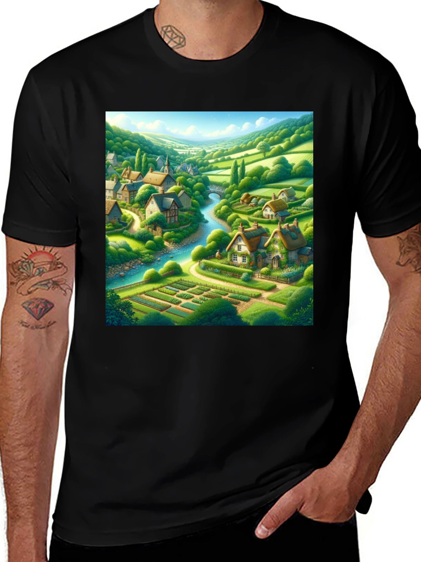 Quaint Village T-Shirt - Scenic Landscape Tee