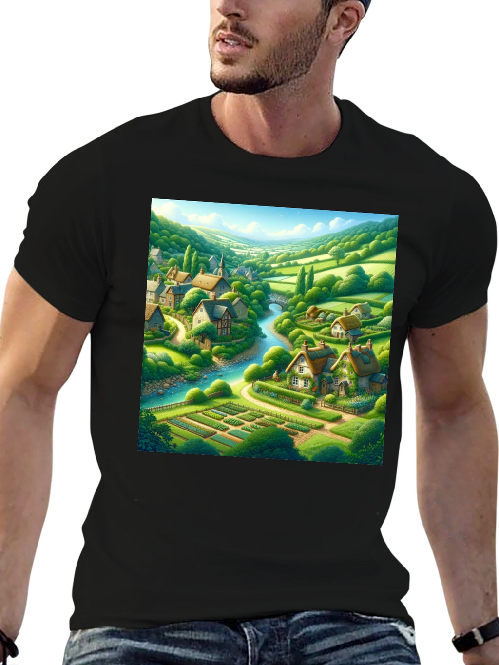 Quaint Village T-Shirt - Scenic Landscape Tee