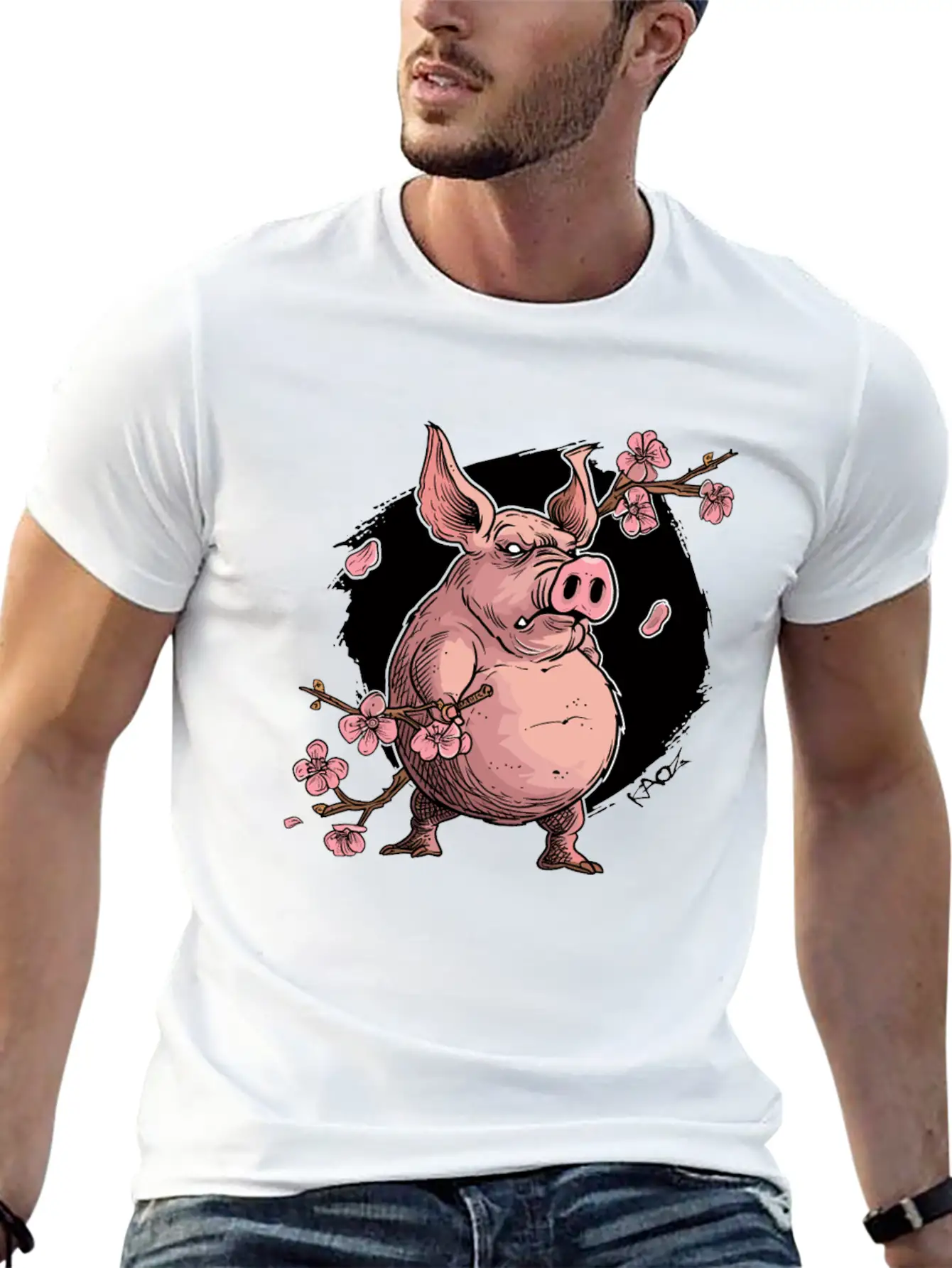 Japan Sakura Blossom Pig Unisex Short Sleeve Soft Cotton T-Shirt – Casual Everyday Wear