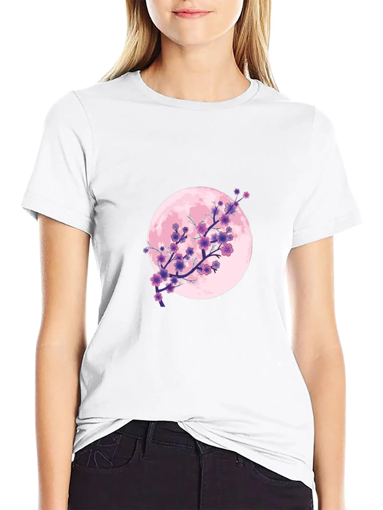 Japanese Aesthetic Pink Moon Cherry Blossom Sakura Unisex Casual T-Shirt – Clean Design For Daily Comfort