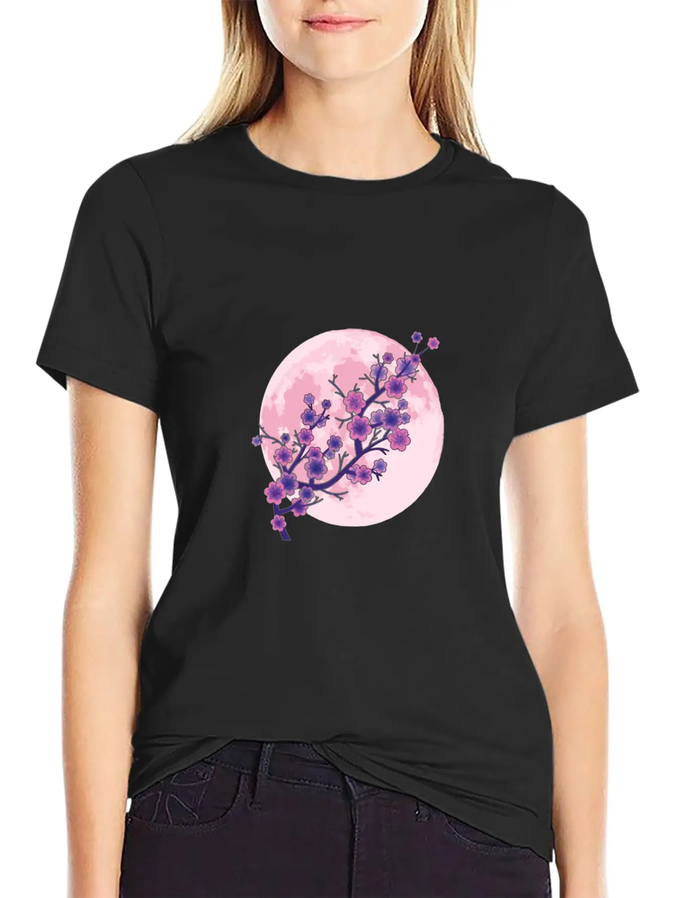 Japanese Aesthetic Pink Moon Cherry Blossom Sakura Unisex Casual T-Shirt – Clean Design For Daily Comfort