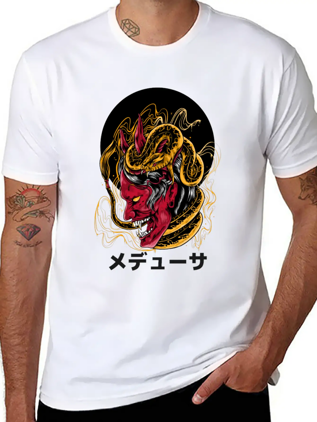 Japanese Horned Oni Snake Mask Essential Cotton Tee For Daily Outfits – Unisex Style
