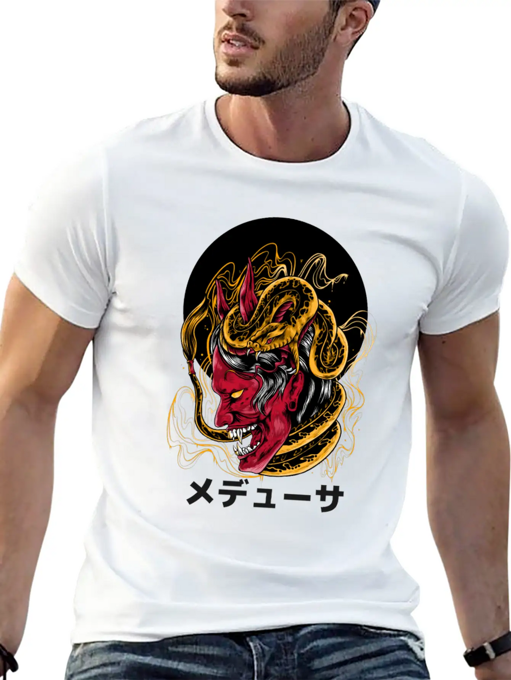 Japanese Horned Oni Snake Mask Essential Cotton Tee For Daily Outfits – Unisex Style