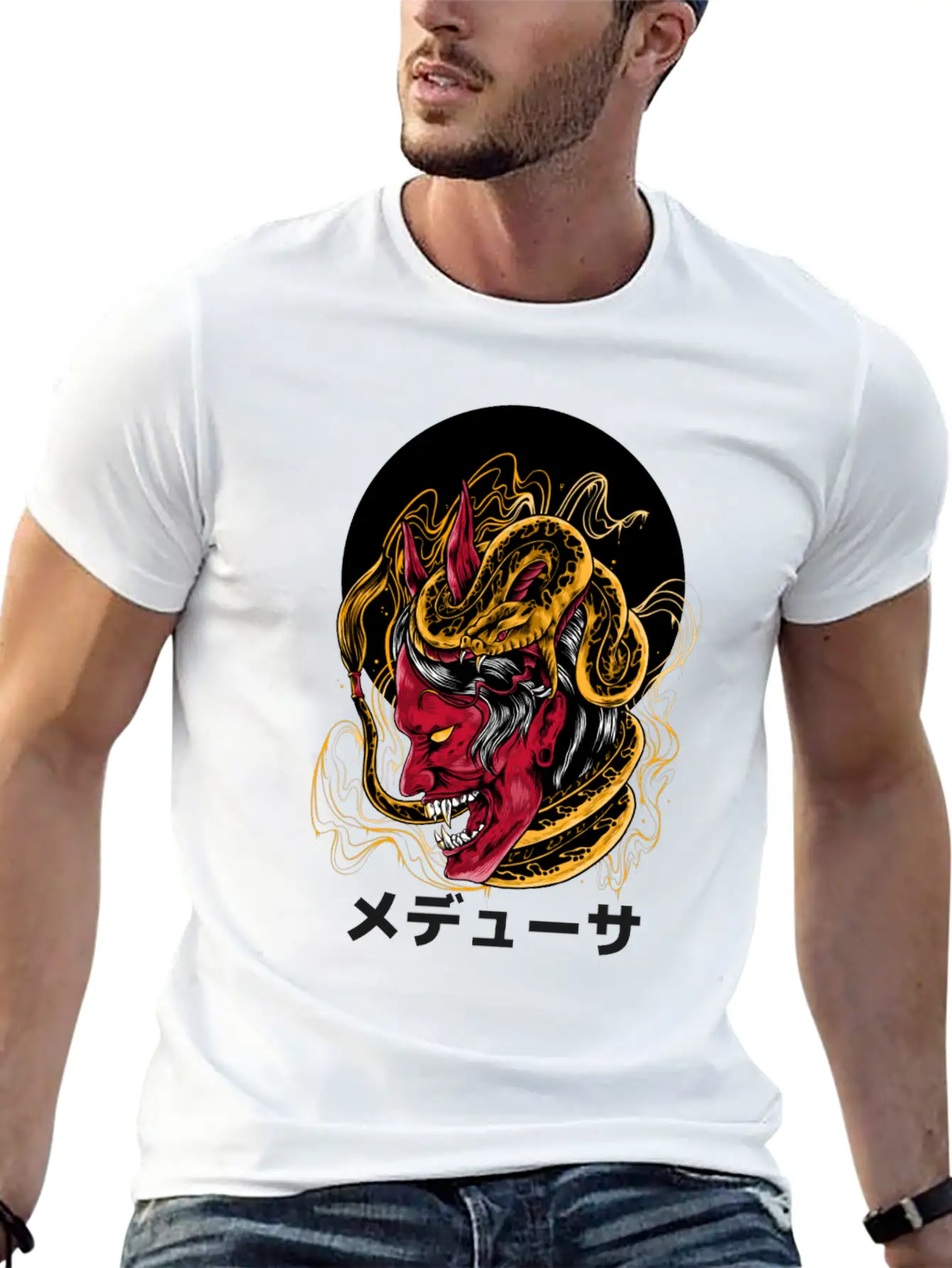 Japanese Horned Oni Snake Mask Essential Cotton Tee For Daily Outfits – Unisex Style