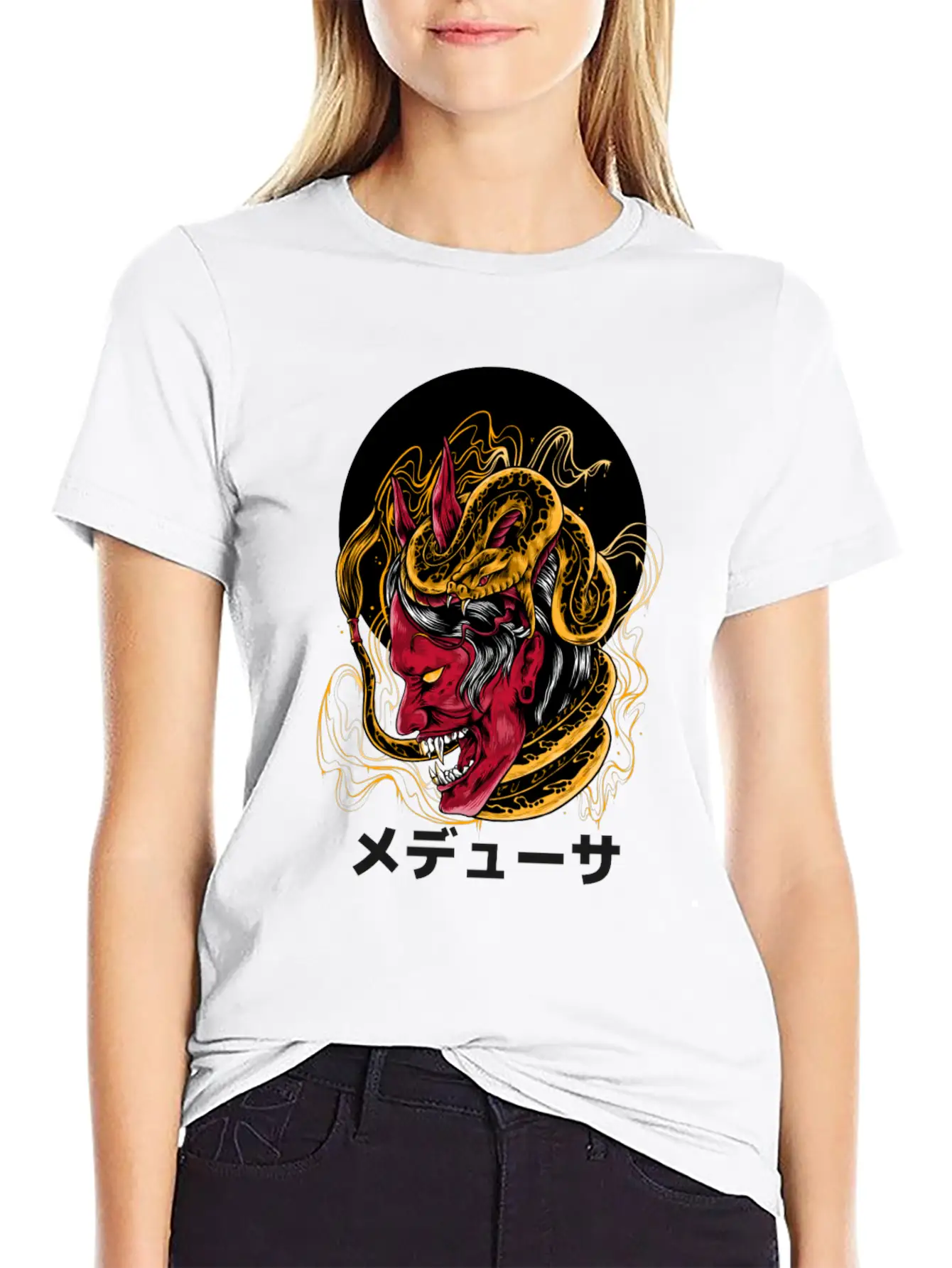 Japanese Horned Oni Snake Mask Essential Cotton Tee For Daily Outfits – Unisex Style