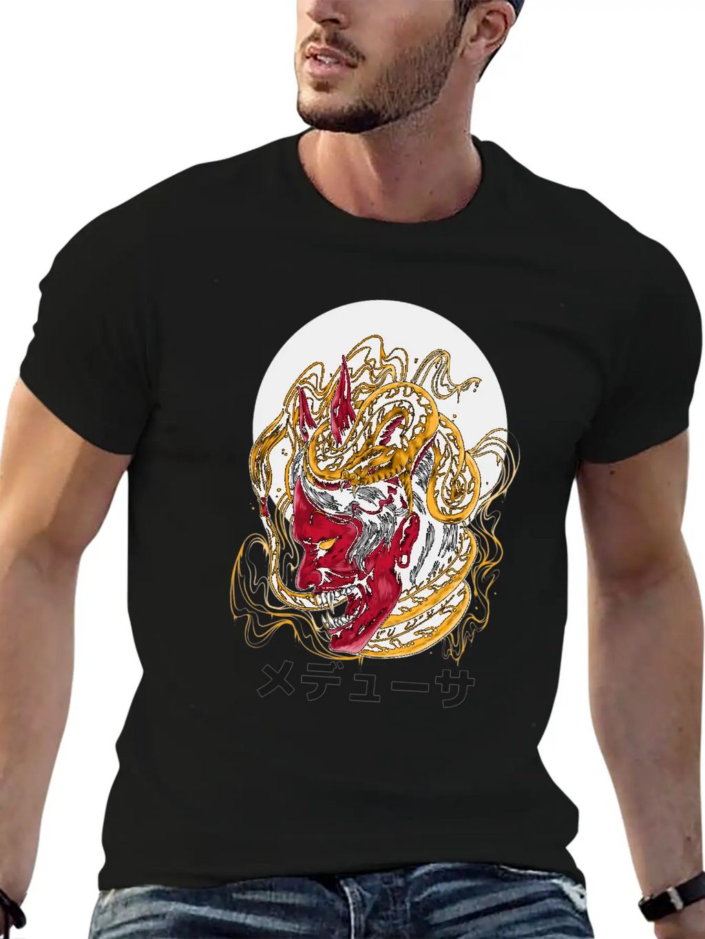 Japanese Horned Oni Snake Mask Essential Cotton Tee For Daily Outfits – Unisex Style