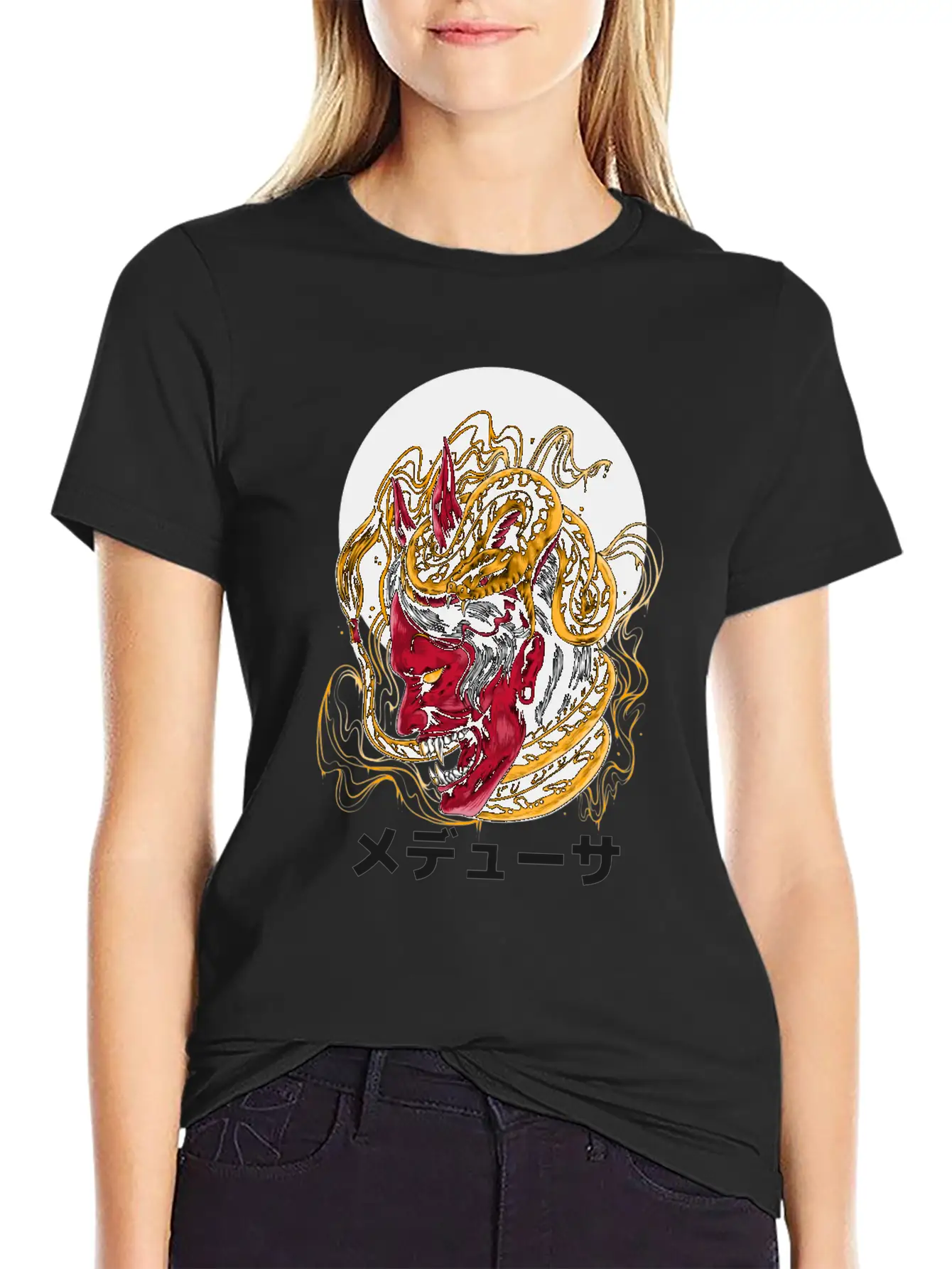 Japanese Horned Oni Snake Mask Essential Cotton Tee For Daily Outfits – Unisex Style
