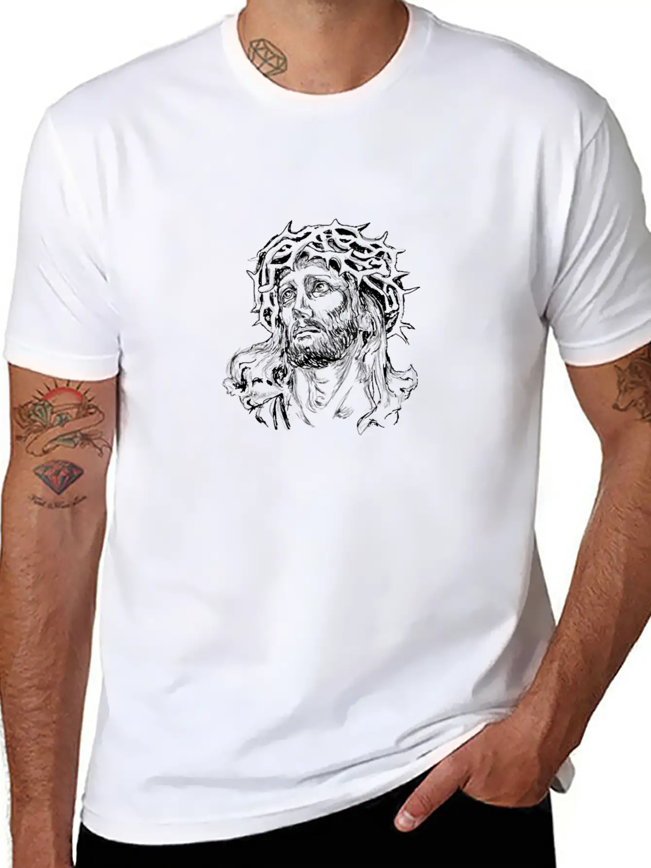 Jesus Face Sketch Illustration Breathable Soft Cotton T-Shirt – Timeless Casual Look