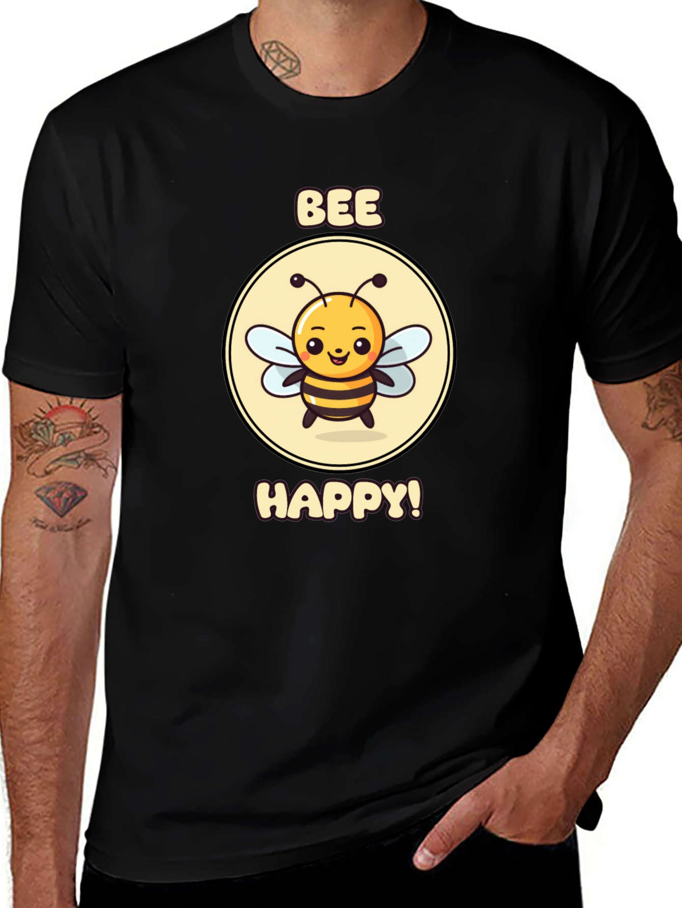 Bee Happy Graphic Tee - Black Cotton T-Shirt