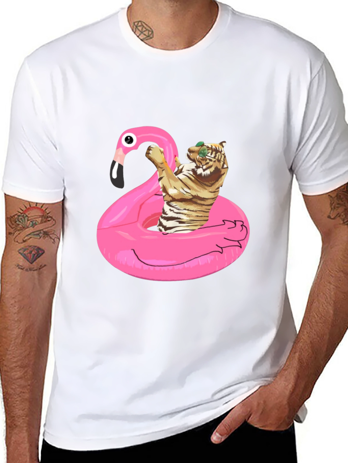 Cool Tiger Flamingo Pool Float Black T-Shirt