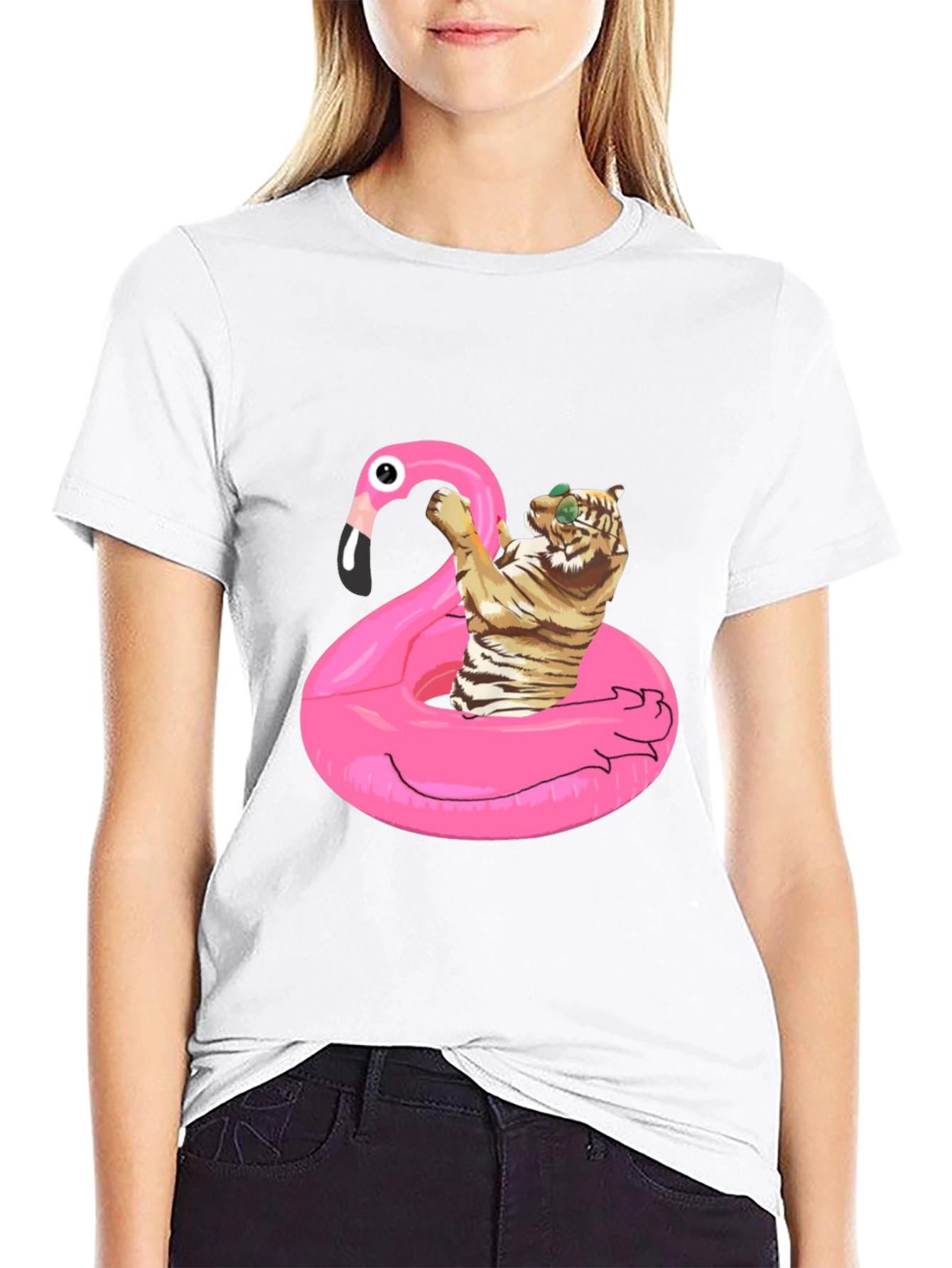 Cool Tiger Flamingo Pool Float Black T-Shirt