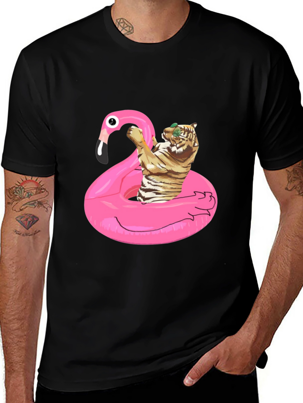 Cool Tiger Flamingo Pool Float Black T-Shirt