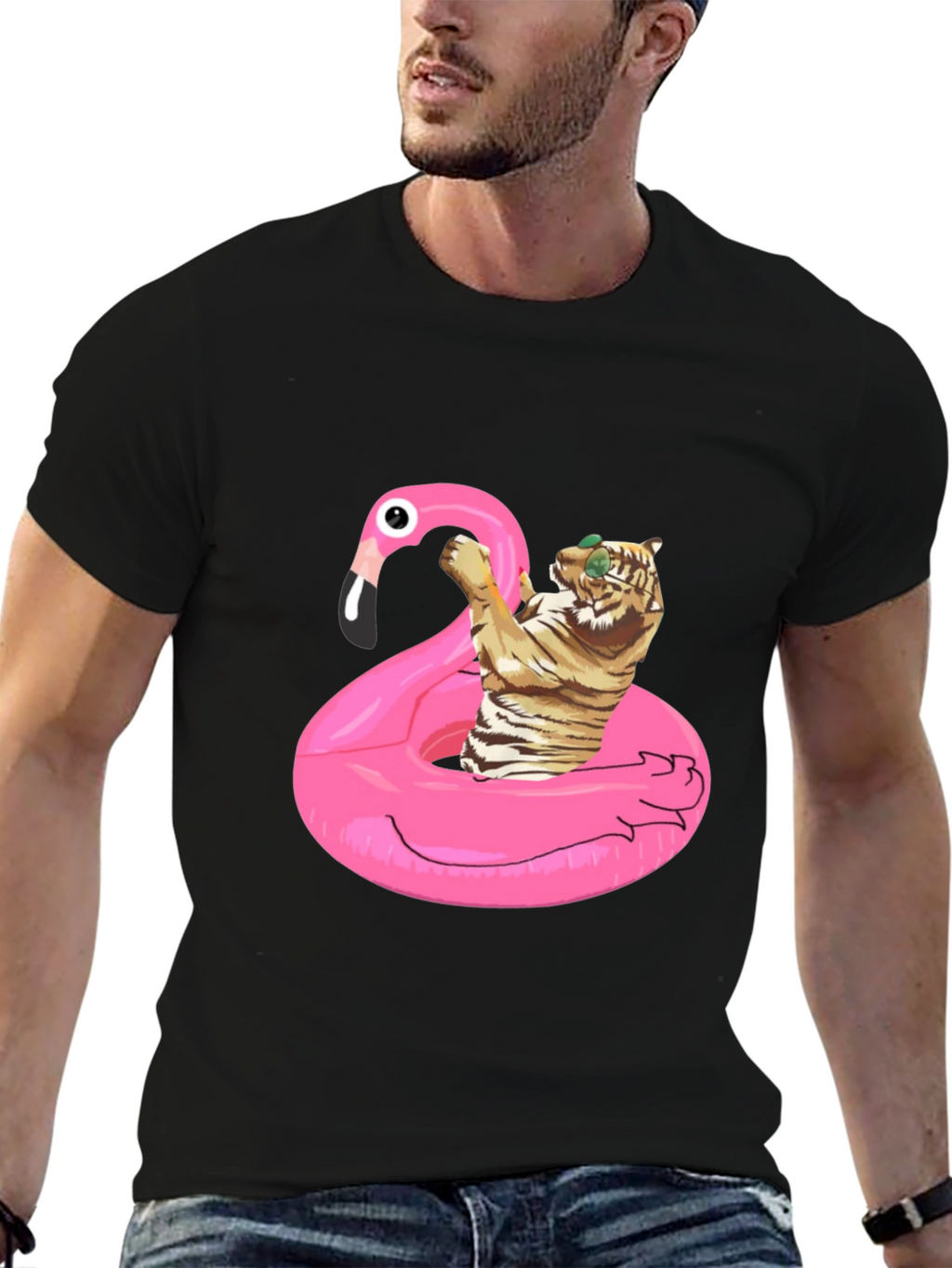 Cool Tiger Flamingo Pool Float Black T-Shirt