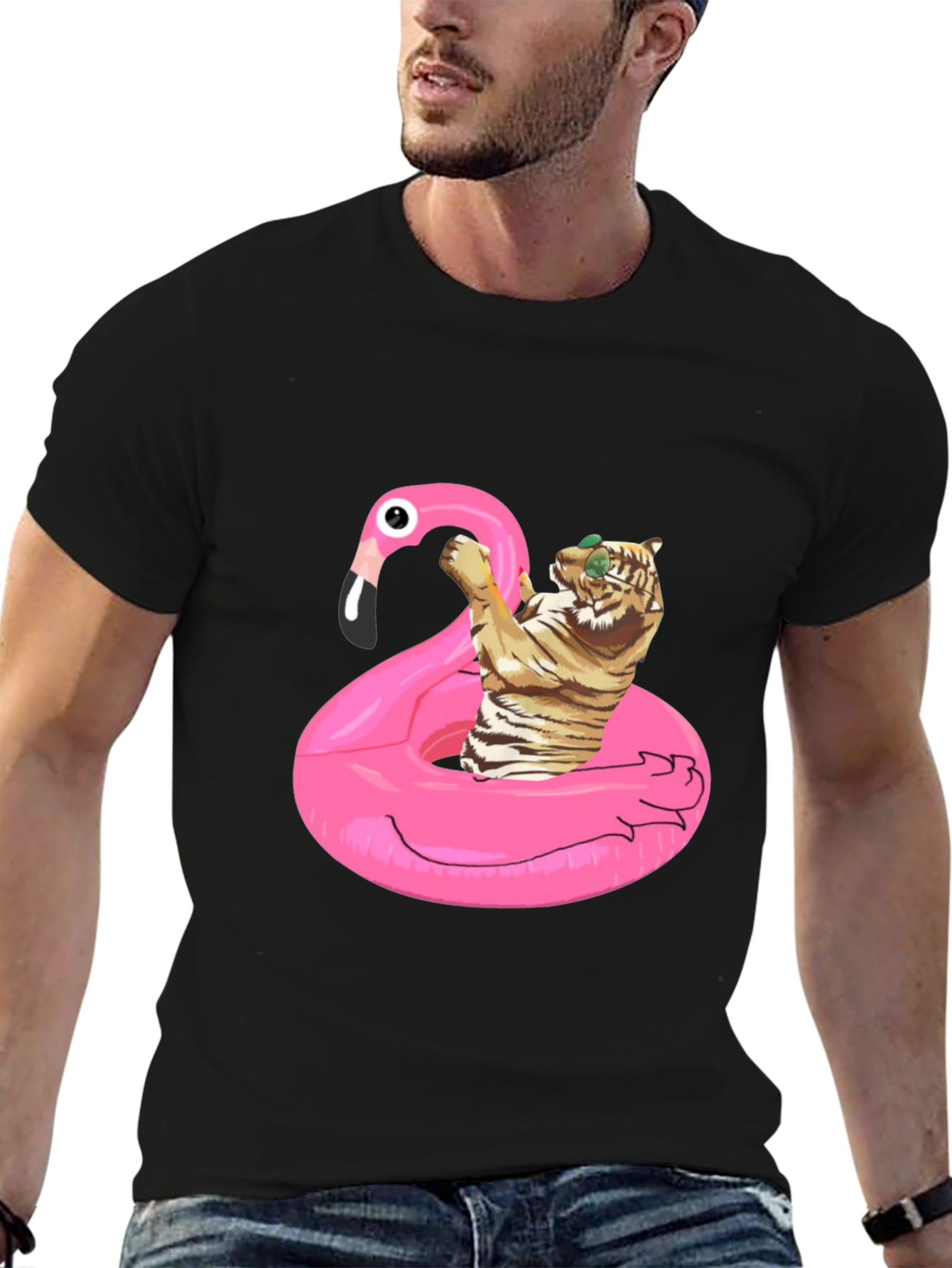 Cool Tiger Flamingo Pool Float Black T-Shirt