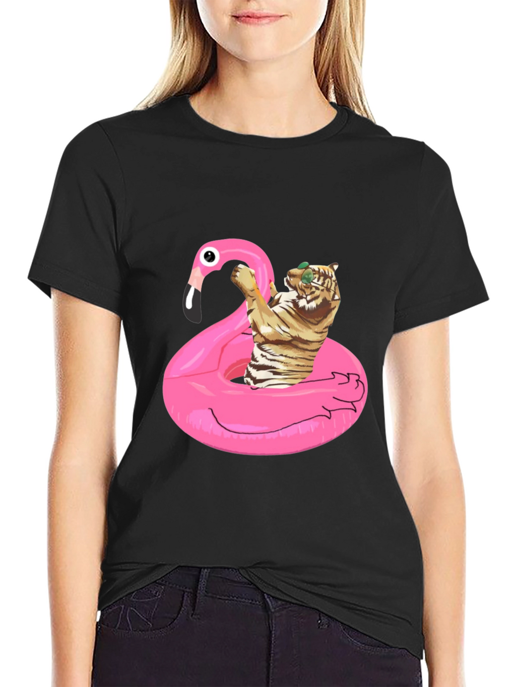 Cool Tiger Flamingo Pool Float Black T-Shirt