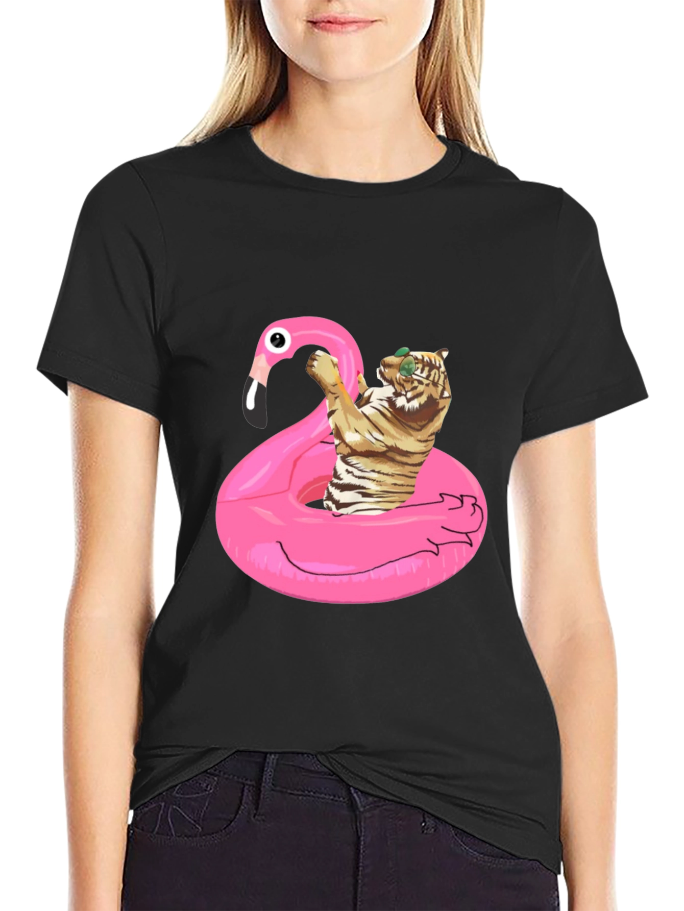 Cool Tiger Flamingo Pool Float Black T-Shirt