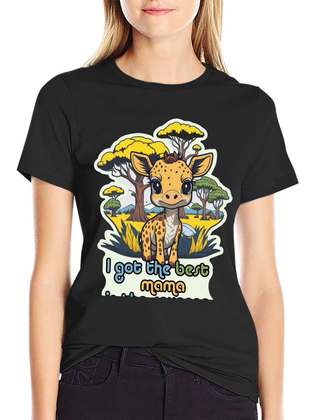 Cute Giraffe Best Mama Black T-Shirt