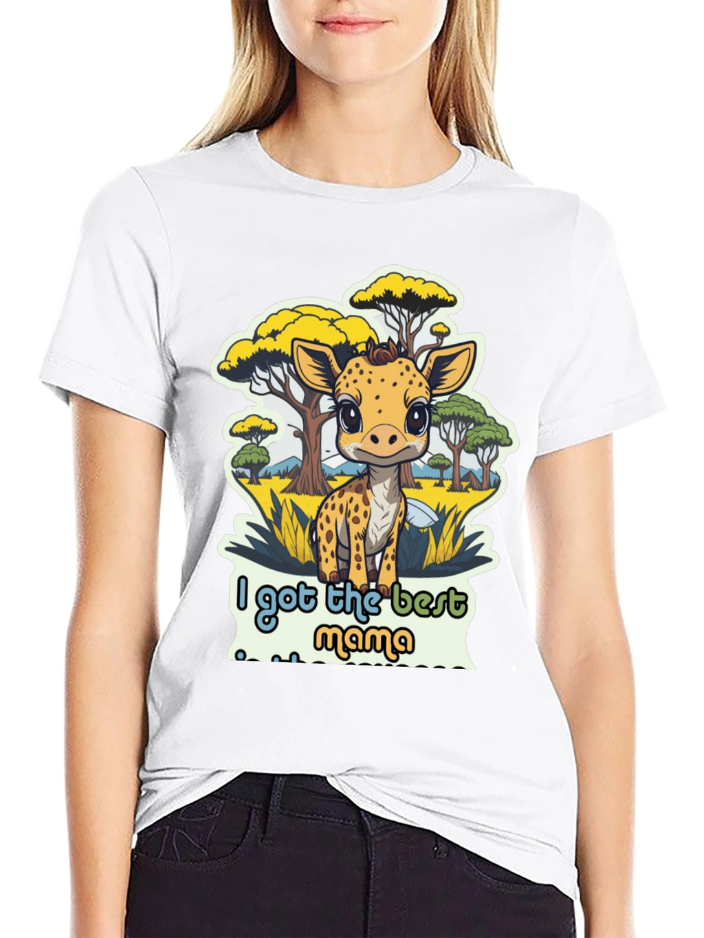 Cute Giraffe Best Mama Black T-Shirt