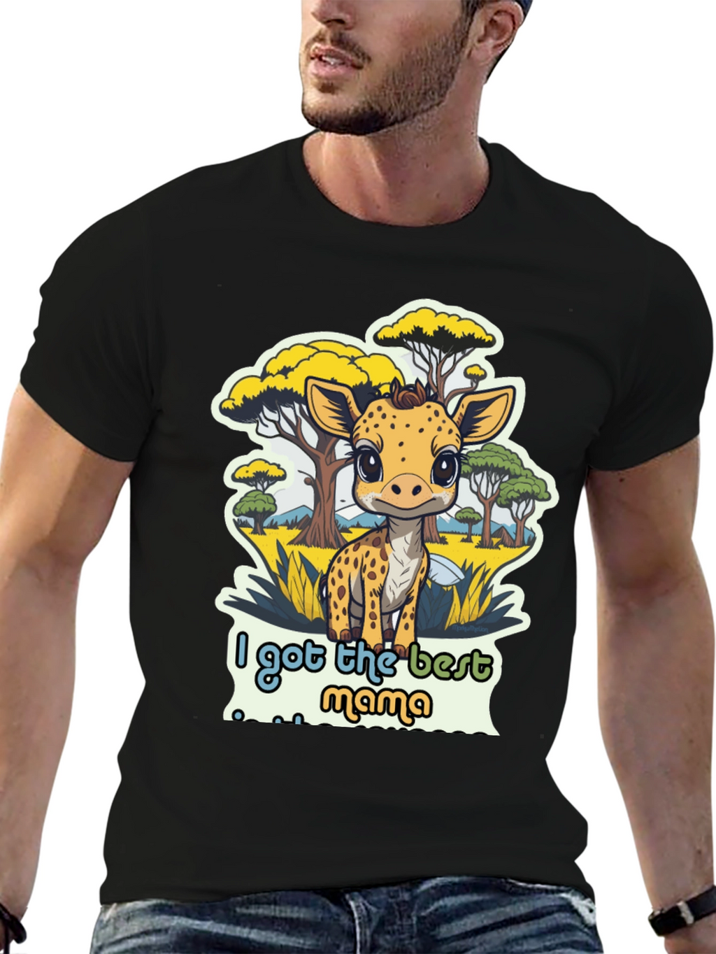Cute Giraffe Best Mama Black T-Shirt