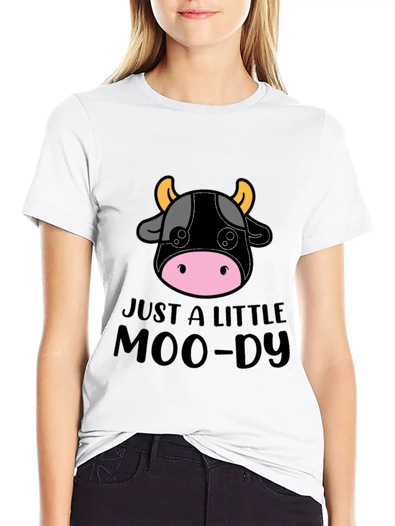 Just A Little MooDy Cute Cow Lover Farmer Animal Unisex Short Sleeve Soft Cotton T-Shirt – Casual Everyday Wear