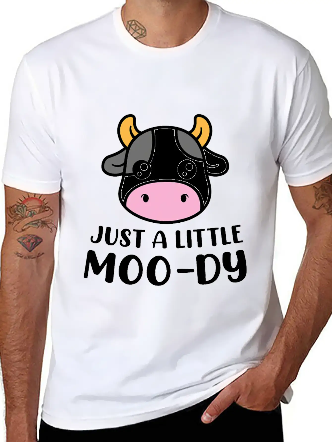 Just A Little MooDy Cute Cow Lover Farmer Animal Unisex Short Sleeve Soft Cotton T-Shirt – Casual Everyday Wear