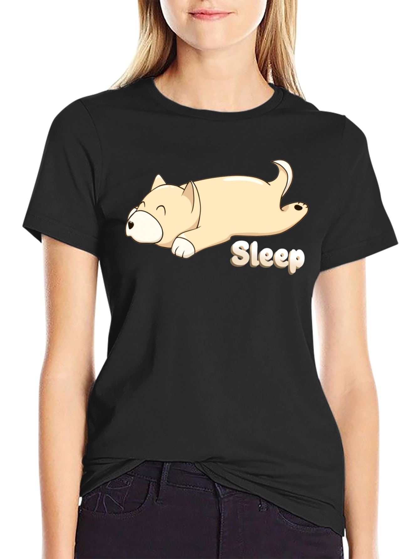 Sleepy Dog Cartoon Black T-Shirt