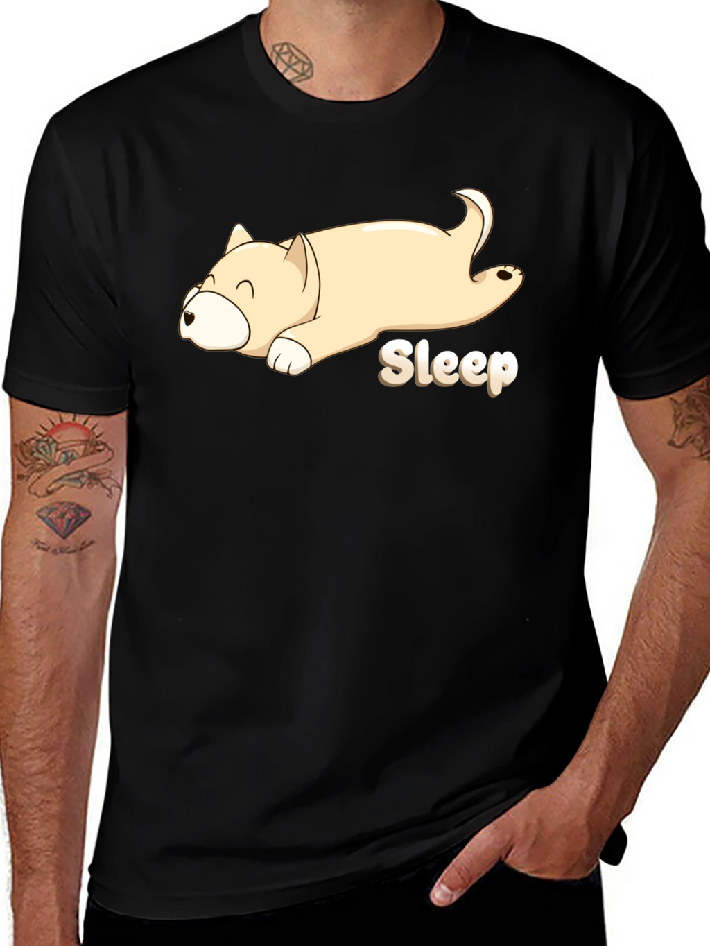 Sleepy Dog Cartoon Black T-Shirt