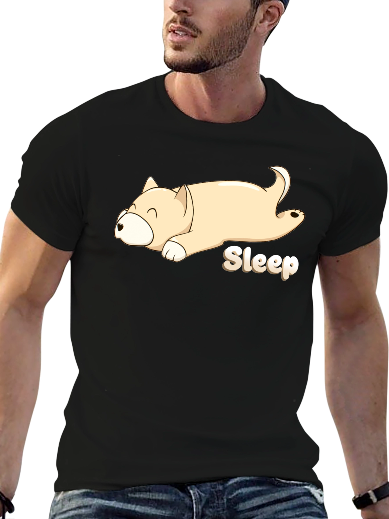 Sleepy Dog Cartoon Black T-Shirt
