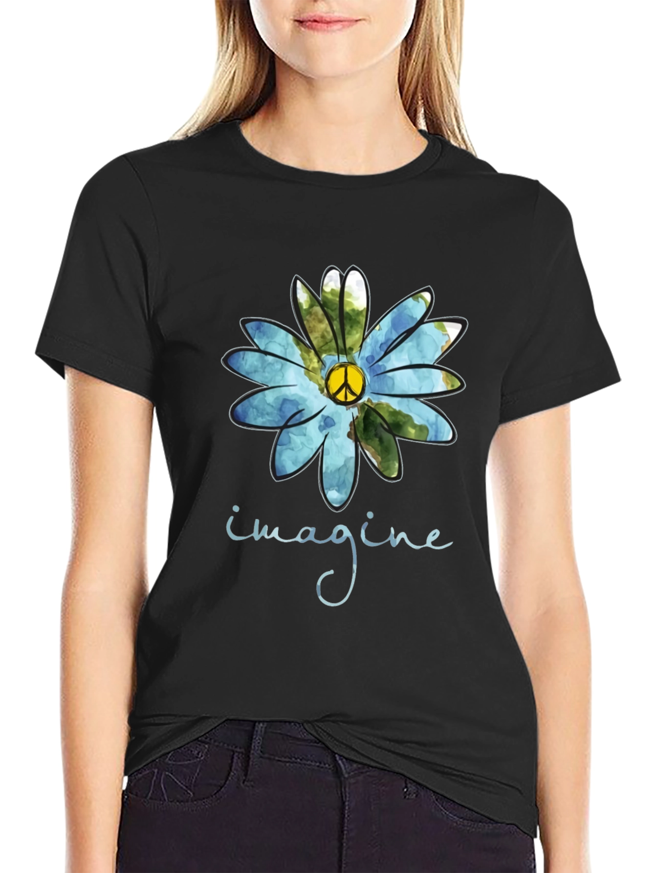 Imagine Peace Sign Flower Graphic T-Shirt