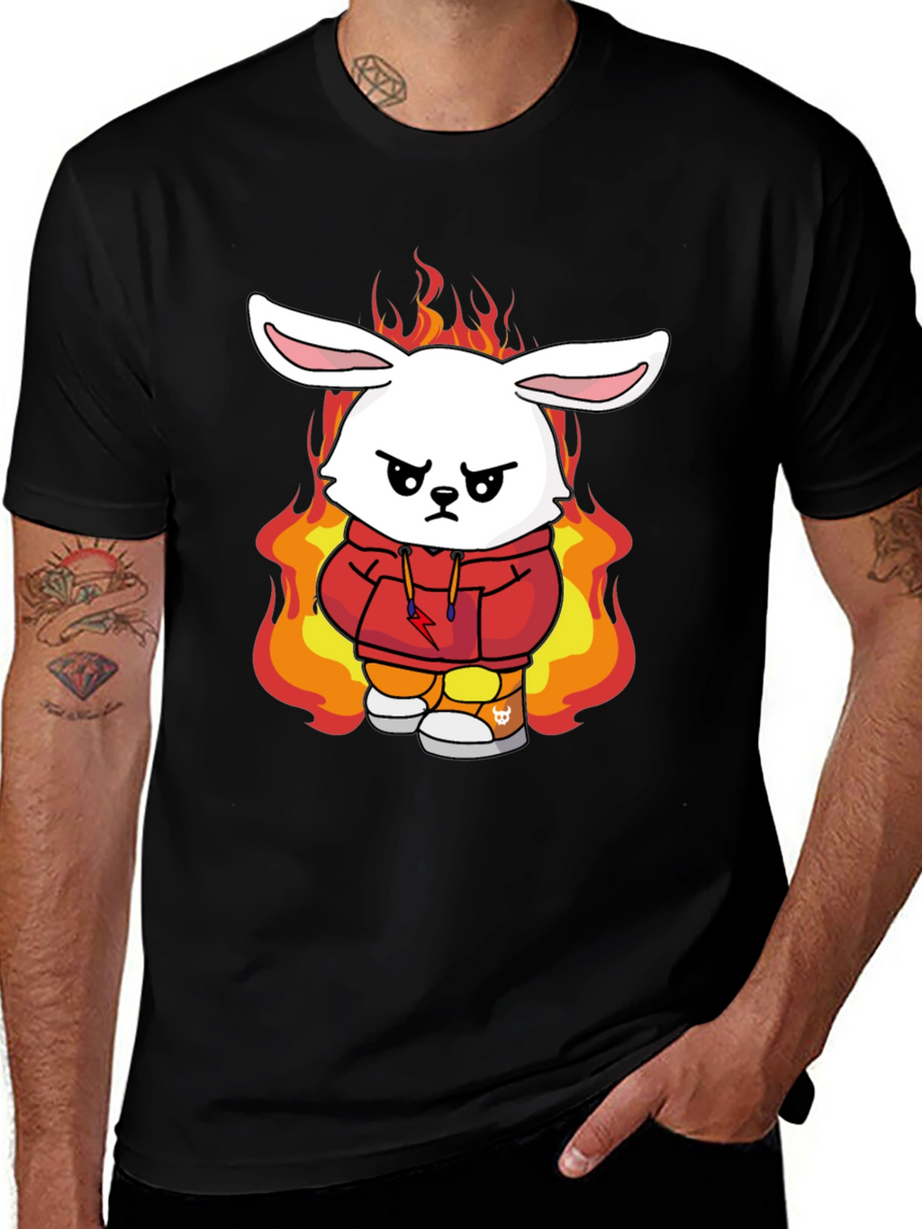 Fiery Bunny Graphic Tee - Black Cotton T-Shirt