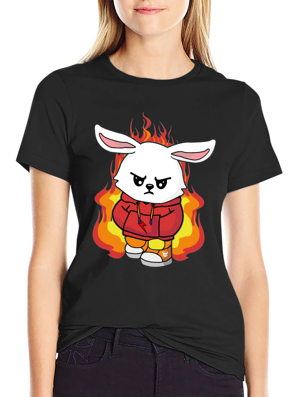 Fiery Bunny Graphic Tee - Black Cotton T-Shirt