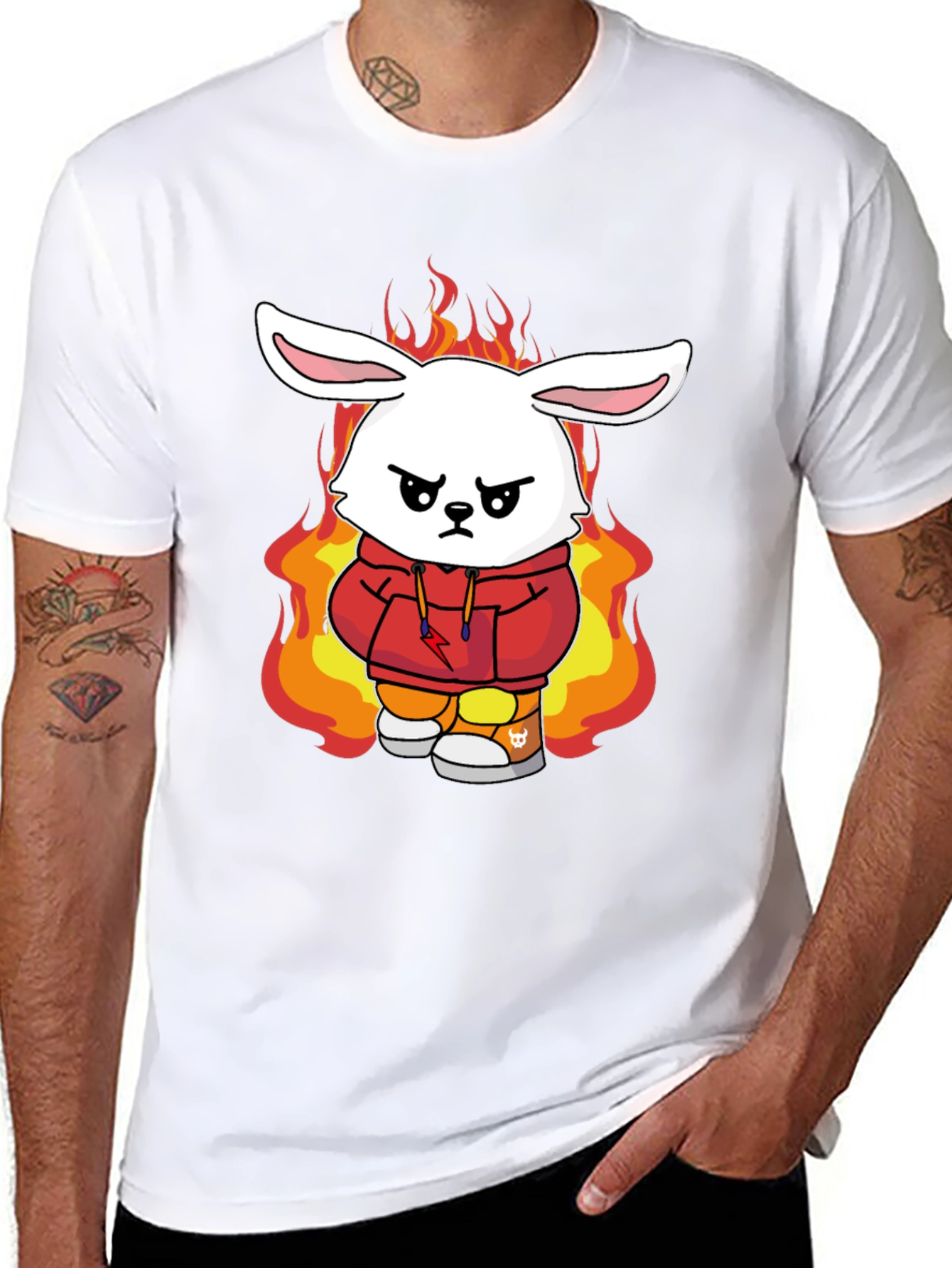 Fiery Bunny Graphic Tee - Black Cotton T-Shirt