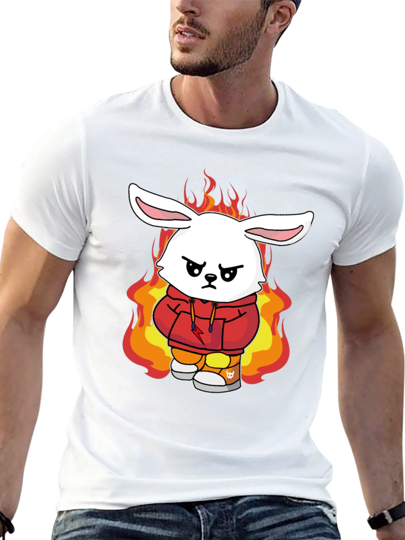 Fiery Bunny Graphic Tee - Black Cotton T-Shirt