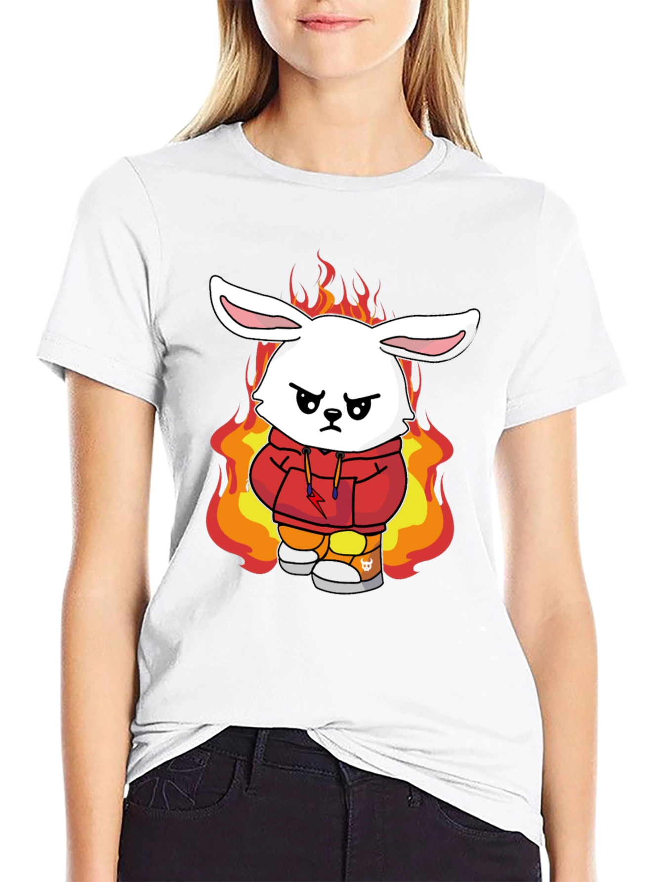 Fiery Bunny Graphic Tee - Black Cotton T-Shirt