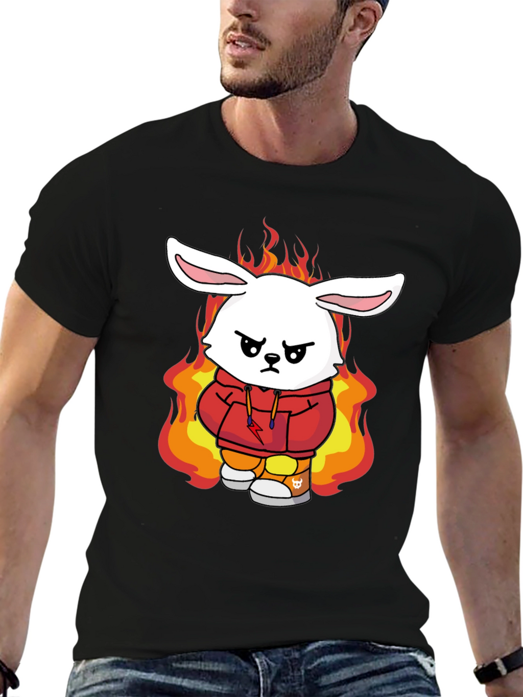 Fiery Bunny Graphic Tee - Black Cotton T-Shirt