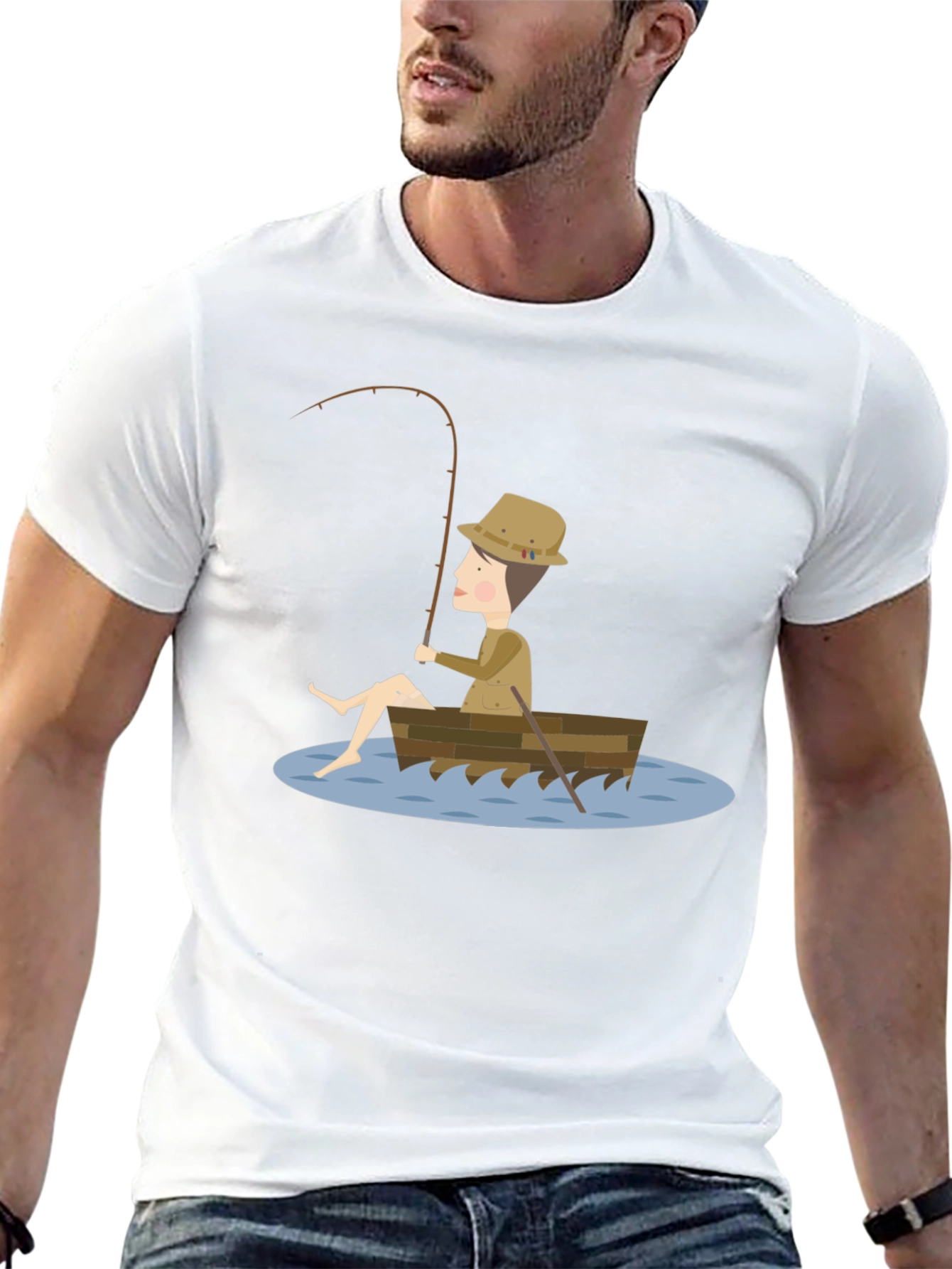 Fisherman Cartoon T-Shirt - Unisex Black Tee