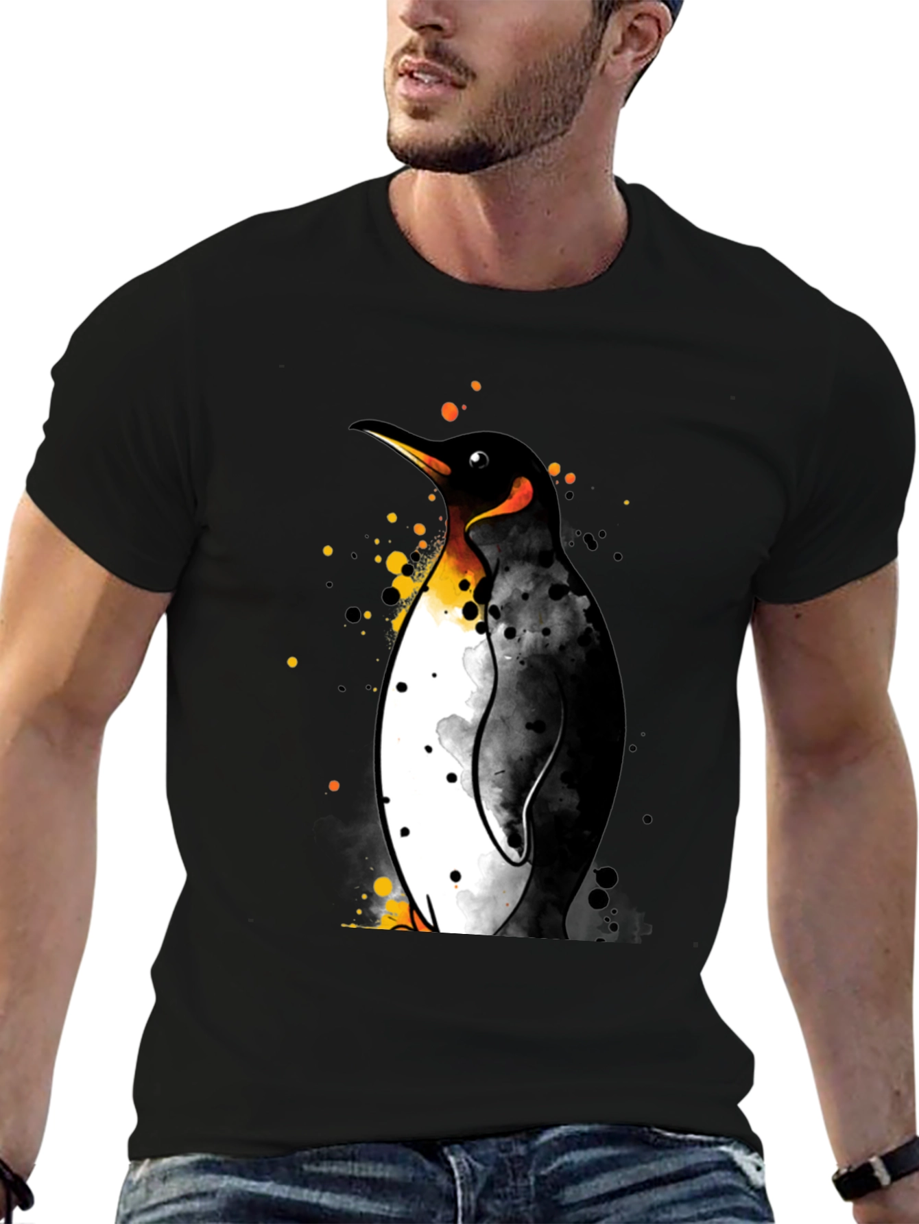 Penguin Watercolor Graphic Black T-Shirt