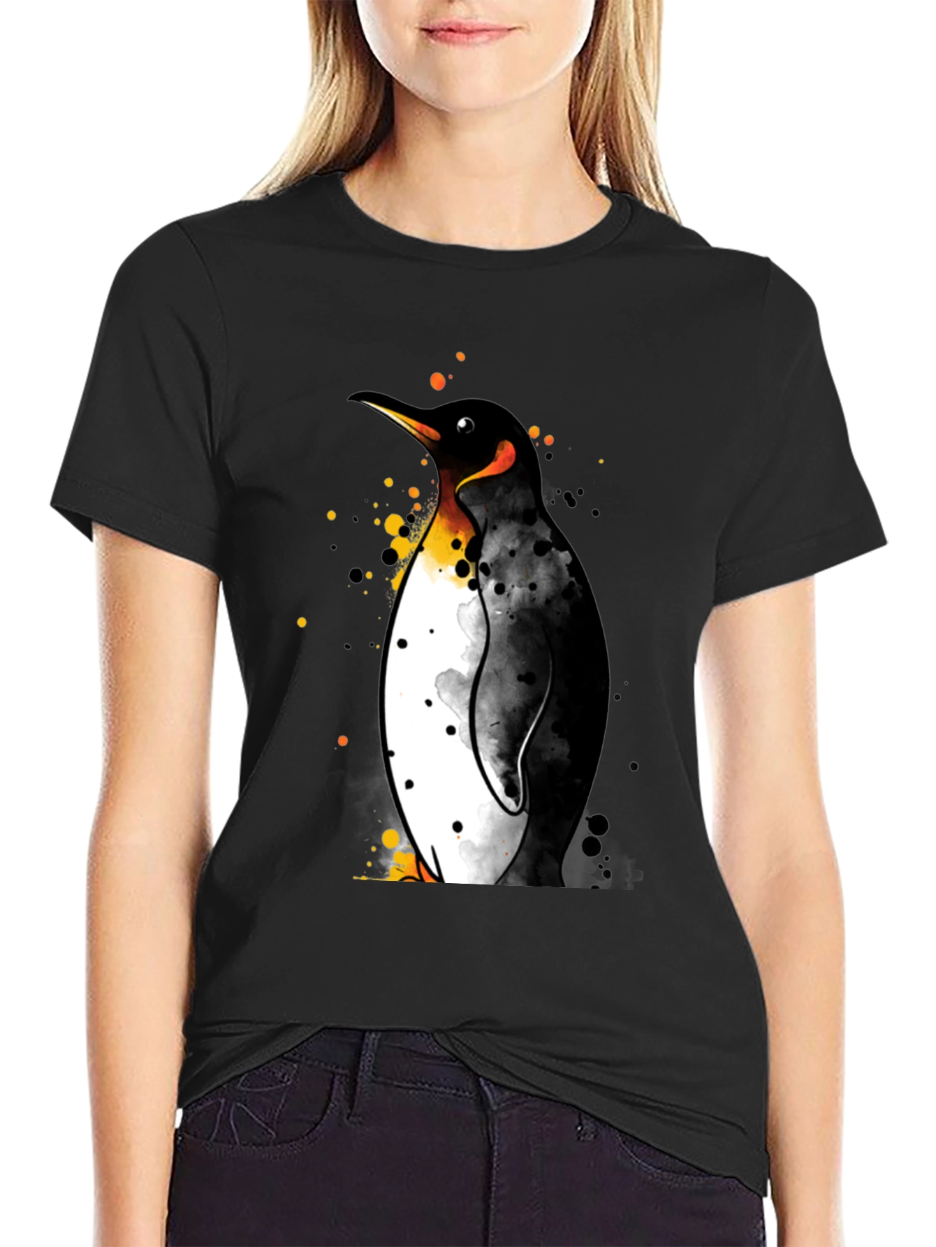 Penguin Watercolor Graphic Black T-Shirt
